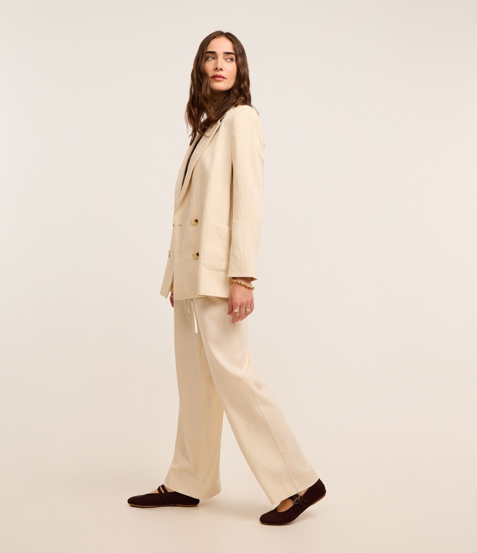 Calça Wide Leg Cintura Alta em Viscolinho com Cinto Bege 5