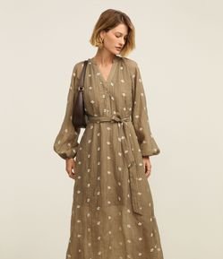Vestido Evasê Longo em Liocel Texturizado com Bordado Floral