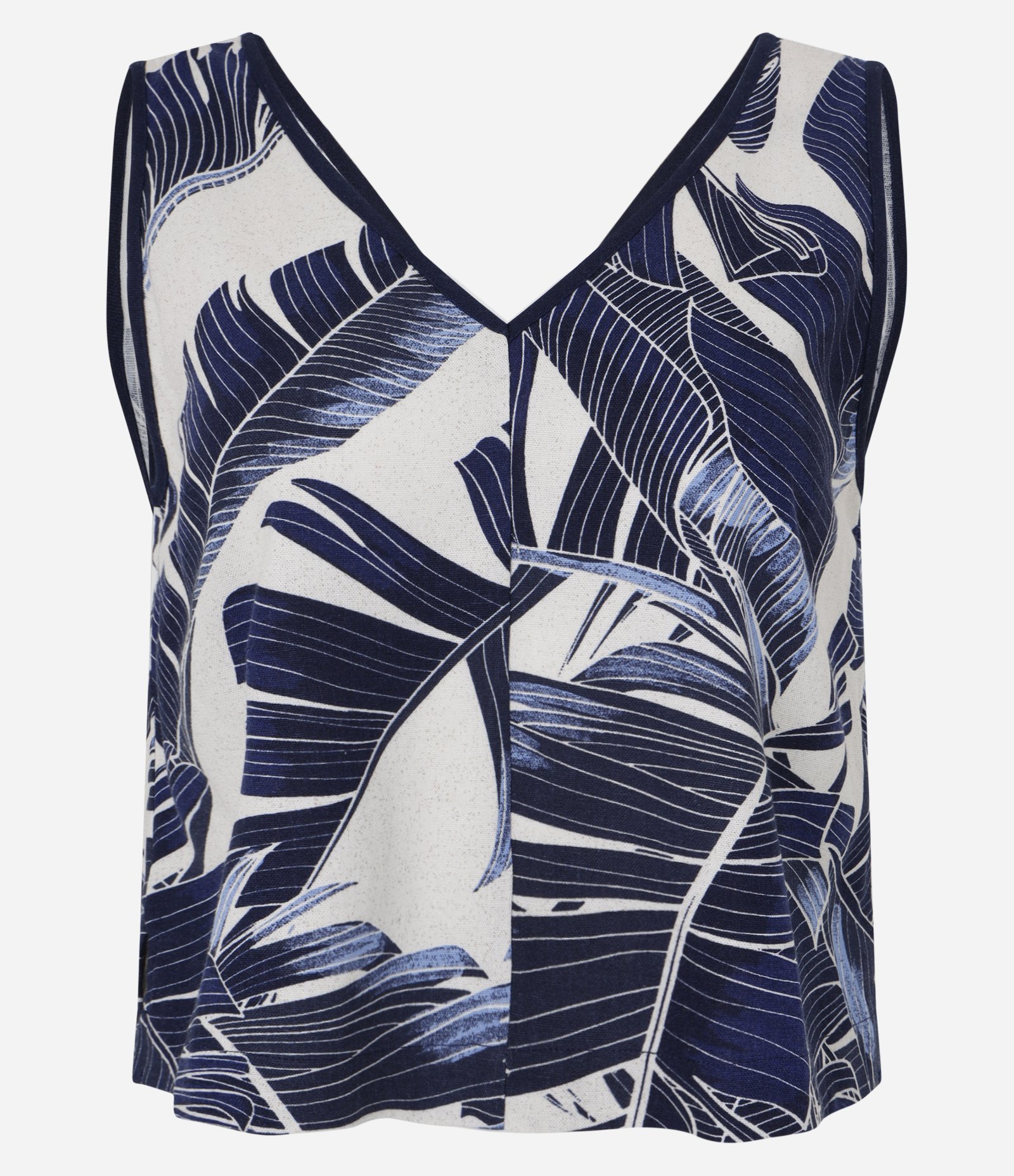 Blusa em Viscolinho com Decote V e Estampa Folhagem Azul/Branco 5
