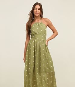 Vestido Frente Única Evasê Longo em Liocel com Bordado Floral