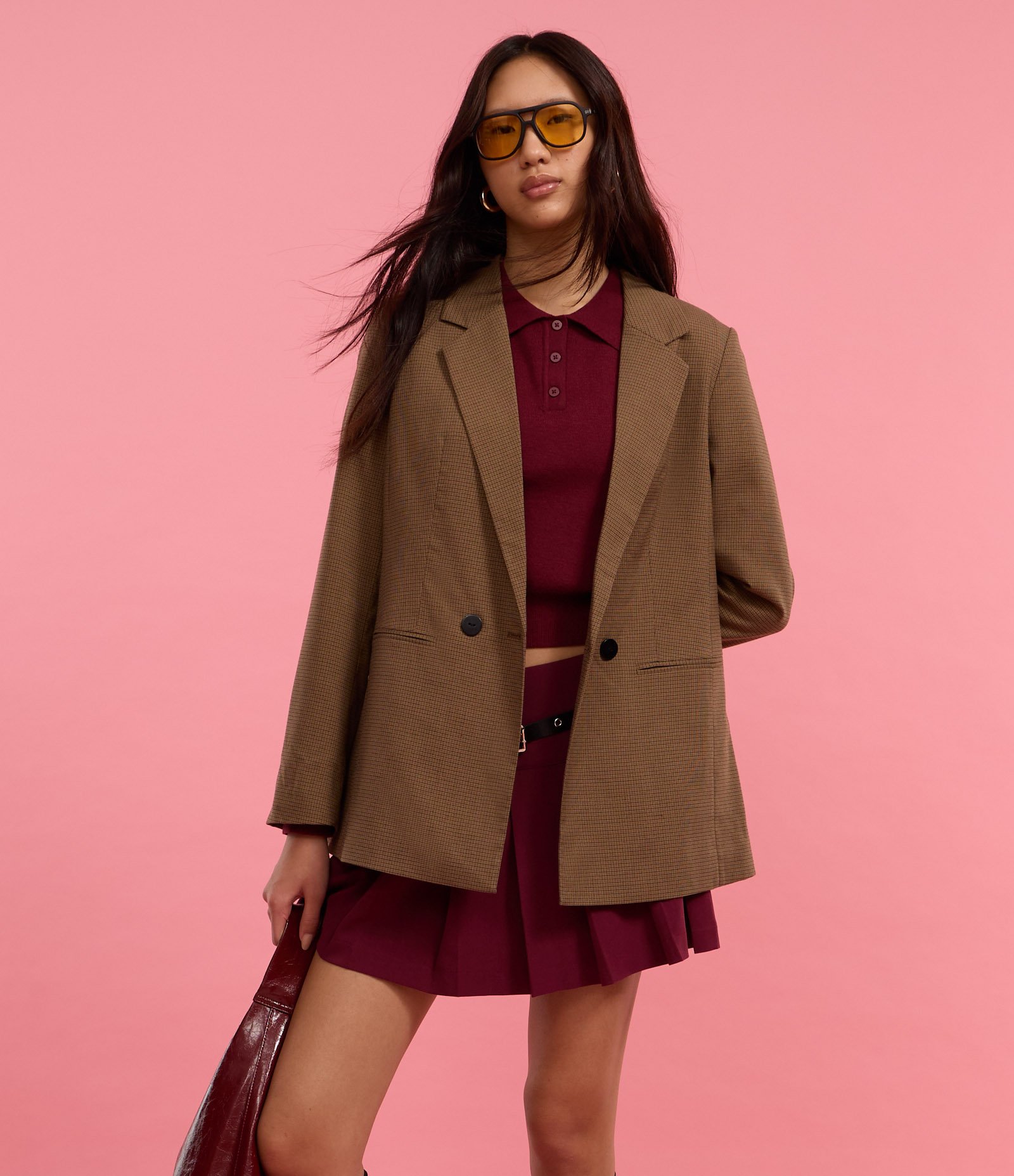 Blazer Alongado em Alfaiataria Xadrez com Botões Marrom 4