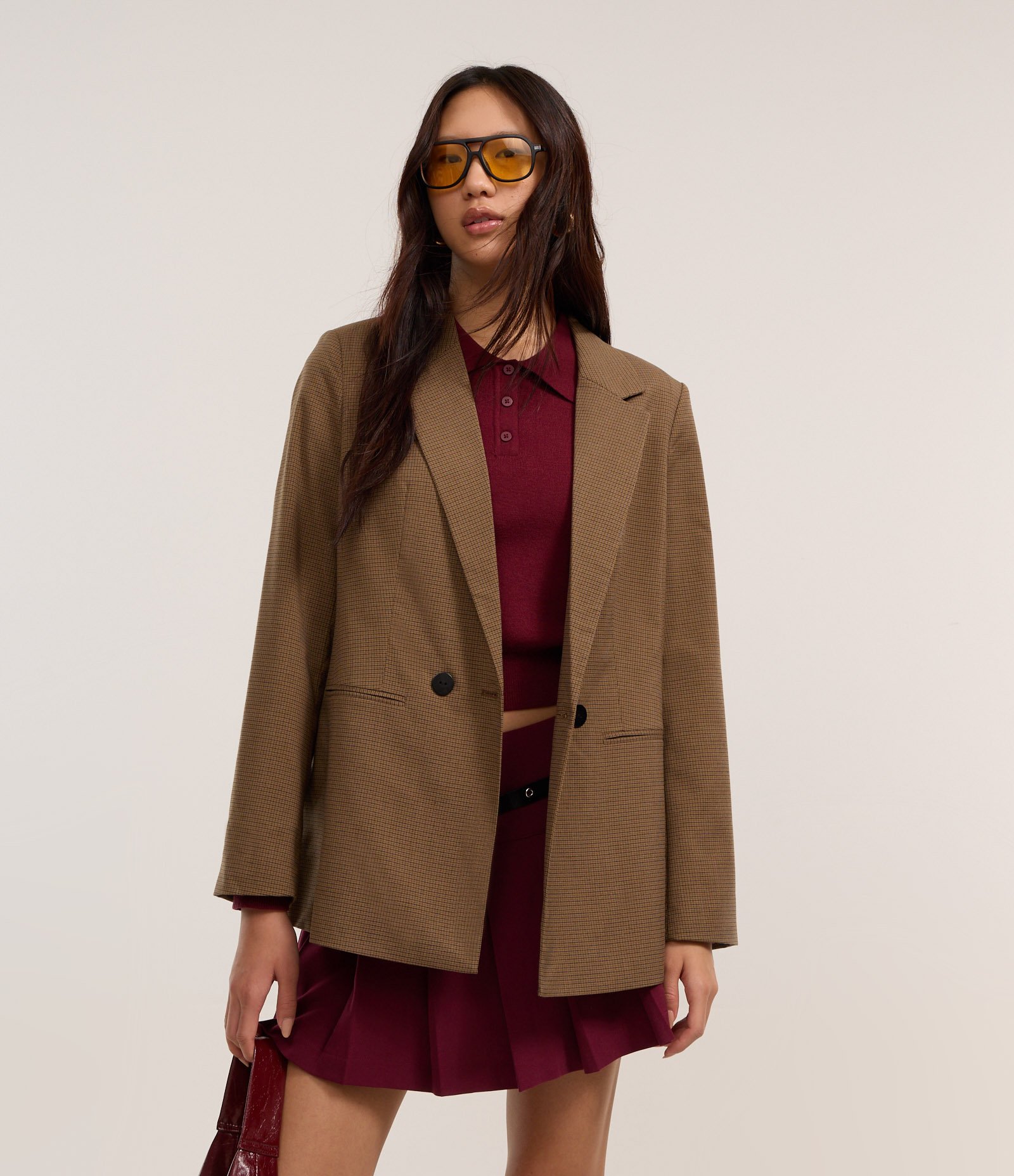 Blazer Alongado em Alfaiataria Xadrez com Botões Marrom 1
