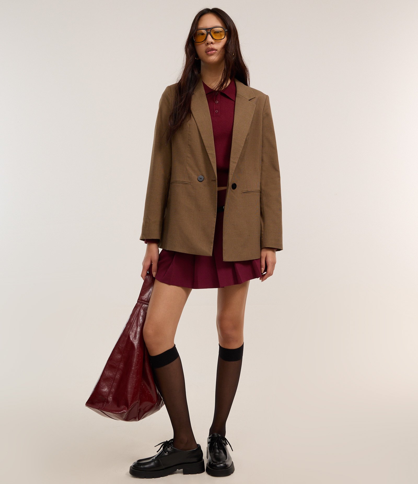 Blazer Alongado em Alfaiataria Xadrez com Botões Marrom 2