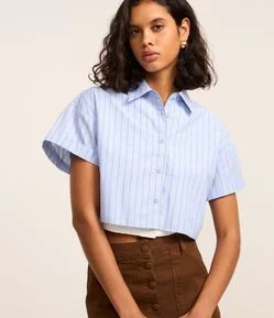 Camisa Cropped em Tricoline com Estampa Listrada