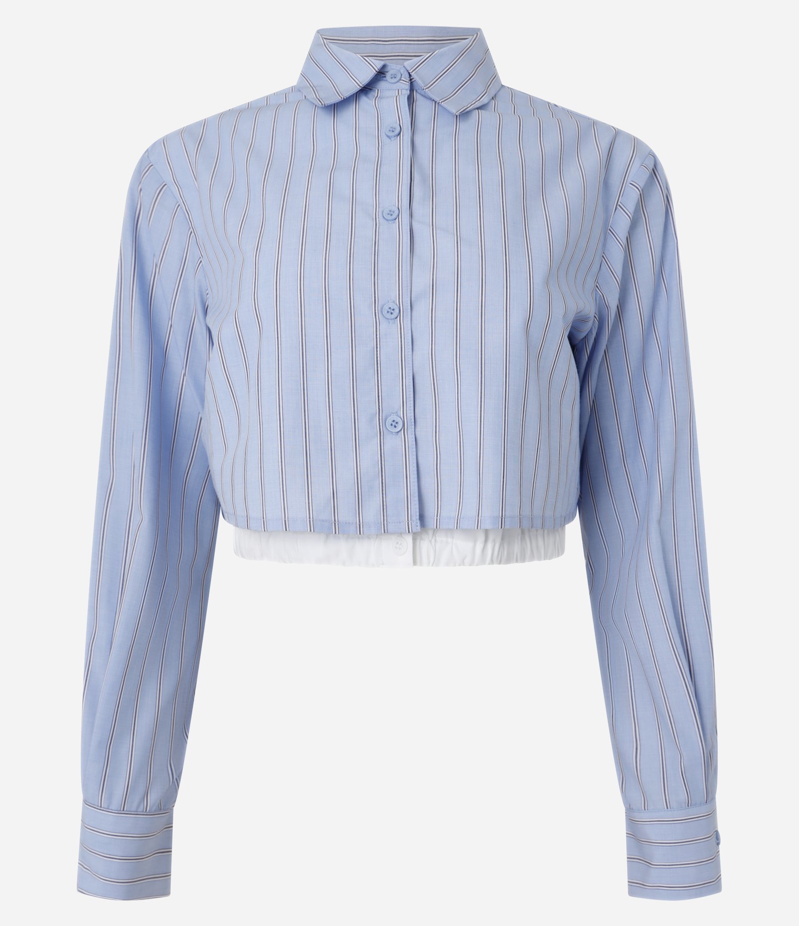 Camisa Cropped Listrada em Tricoline com Fio TInto Azul 5