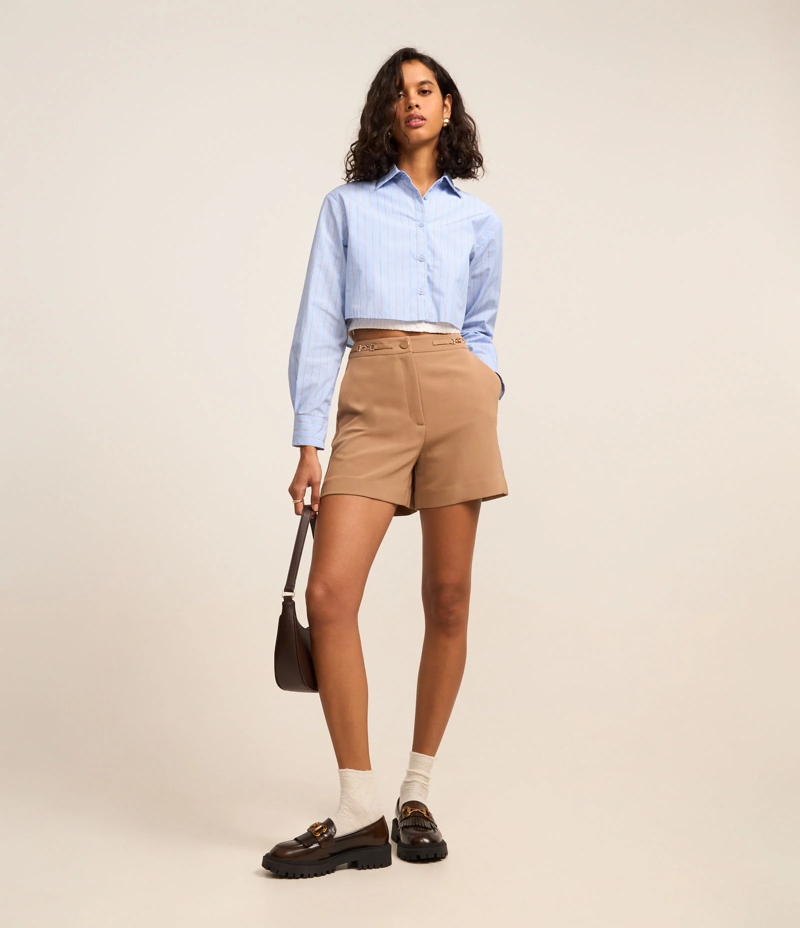 Camisa Cropped Listrada em Tricoline com Fio TInto Azul 2