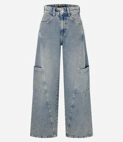 Calça Wide Leg em Jeans com Bolsos Laterais