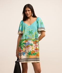 Vestido Curto em Viscose e Linho com Estampa Feira do Sol