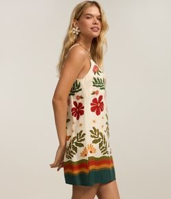 Vestido Curto em Viscose e Linho com Estampa de Folhagens