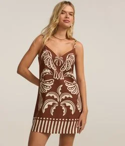 Vestido Curto em Viscose e Linho com Estampa Folhagens