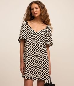 Vestido Curto em Viscose e Linho com Estampa Geométrica