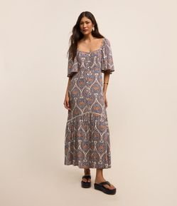 Vestido Long Midi em Viscose com Estampa de Abacaxi e Manga Evasê