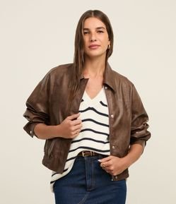 Jaqueta Bomber em PU Marmorizado com Barra Elástica