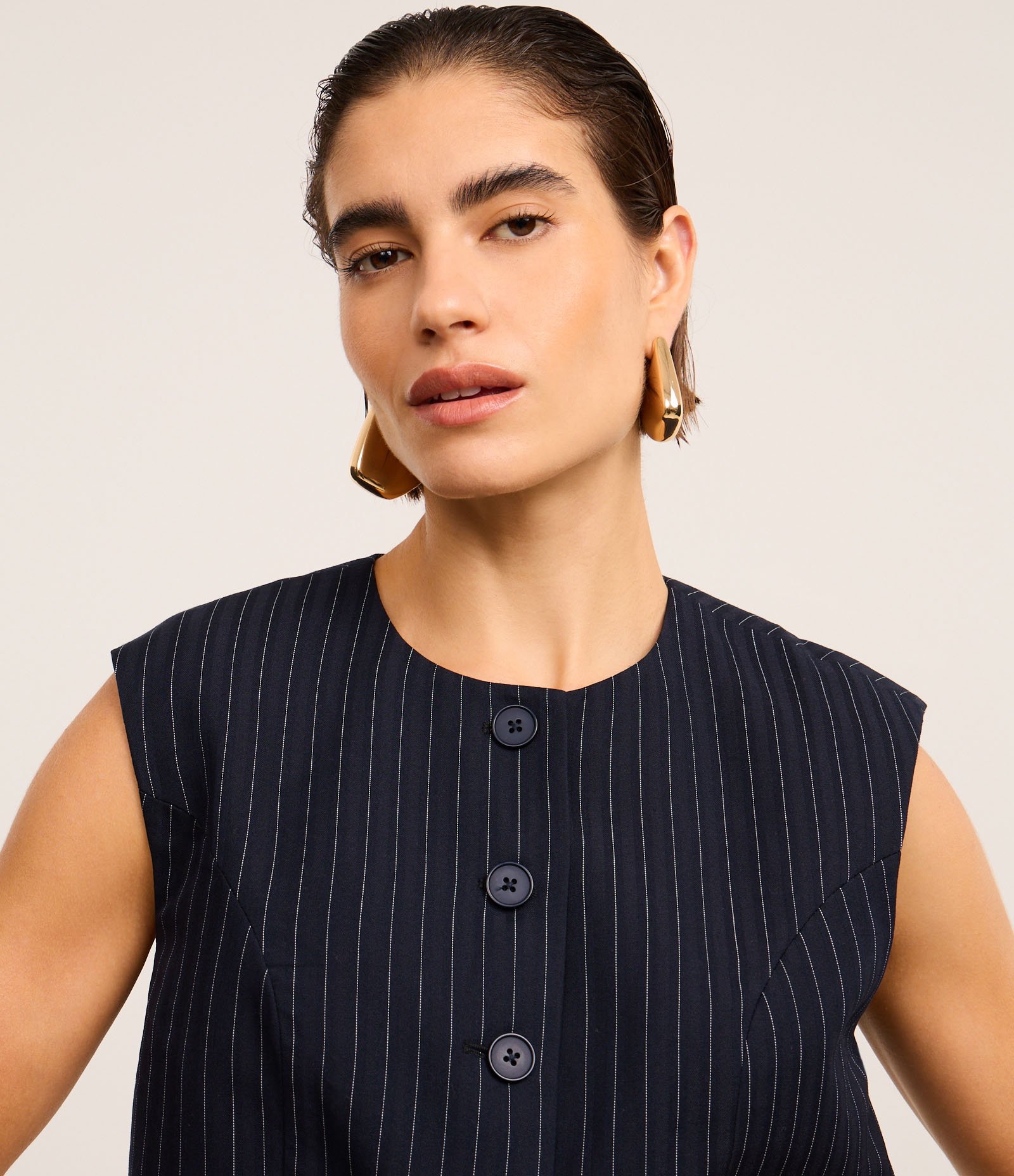 Blusa Alfaiatada com Botões e Listras Riscas de Giz Metalizadas Azul Escuro 3