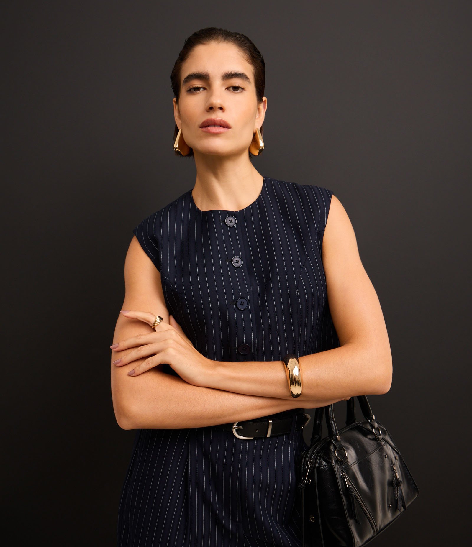Blusa Alfaiatada com Botões e Listras Riscas de Giz Metalizadas Azul Escuro 5