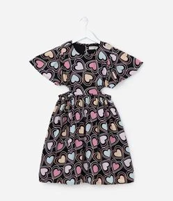 Vestido Infantil com Recortes e Estampa Corações - Tam 5 a 14 Anos