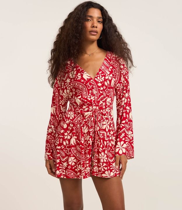 Macaquinho em Twill com Estampa Floral e Franzido na Cintura