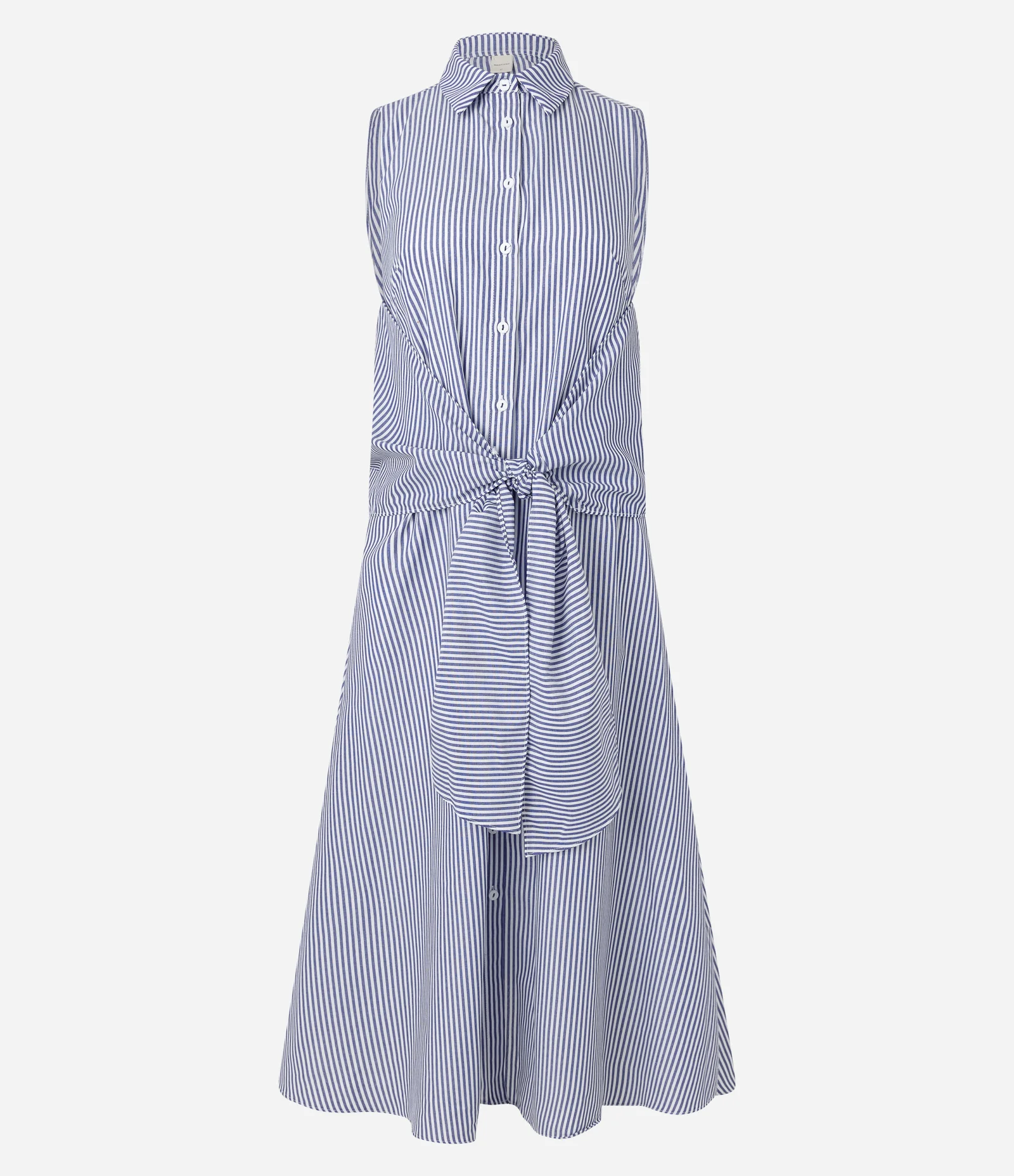 Vestido Chemise Midi em Tricoline Listrado com Amarração Azul 1