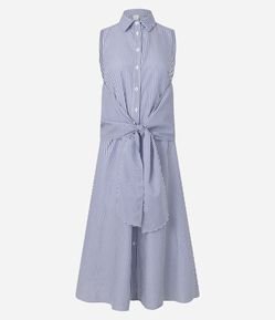 Vestido Chemise Midi em Tricoline Listrado com Amarração
