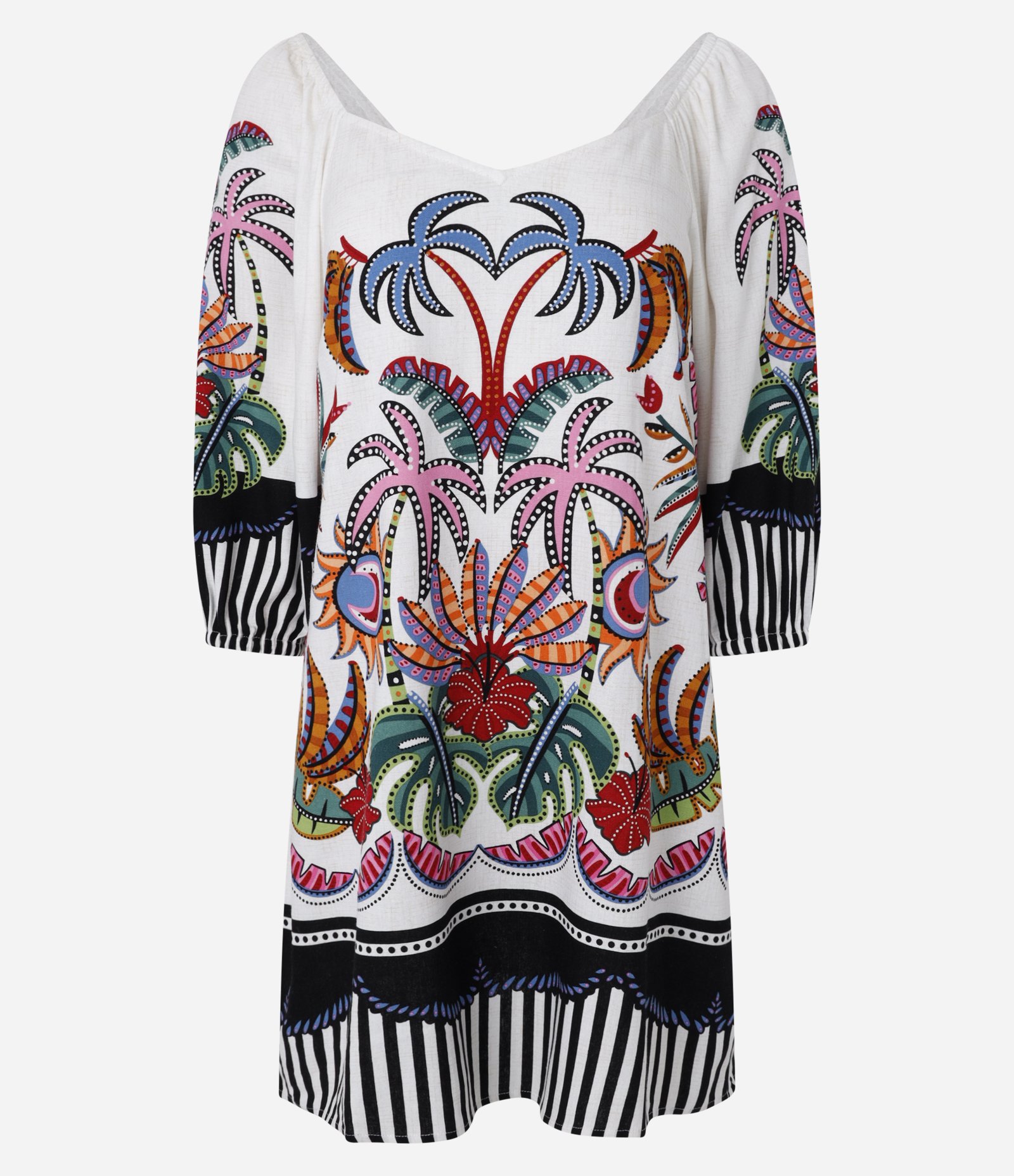Vestido Evasê Curto com Linho Estampado Tropical e Mangas Bufantes Multicores 4