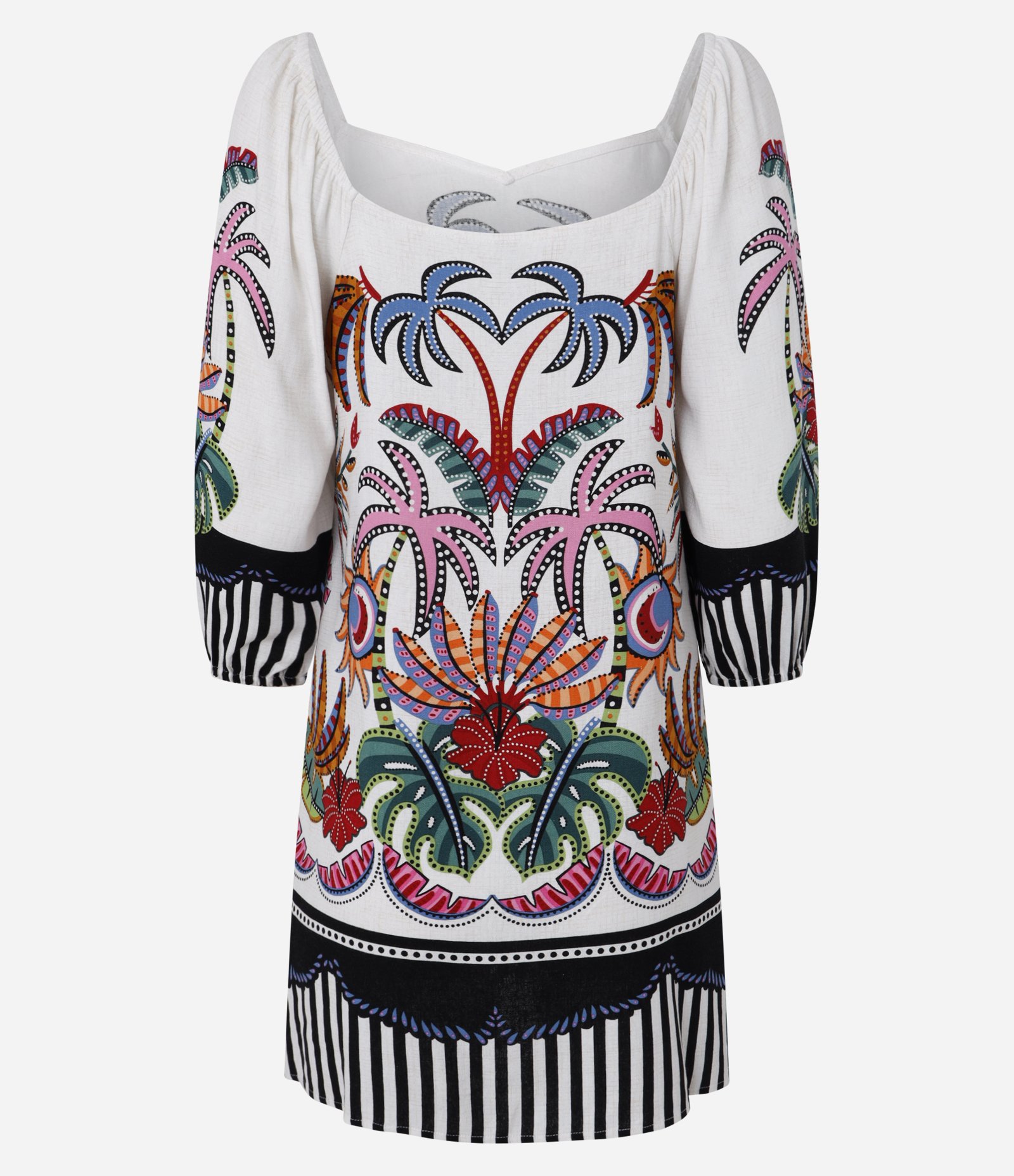 Vestido Evasê Curto com Linho Estampado Tropical e Mangas Bufantes Multicores 6
