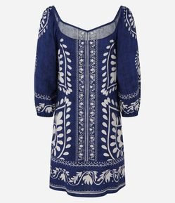 Vestido Curto em Viscose e Linho com Estampa Arabescos