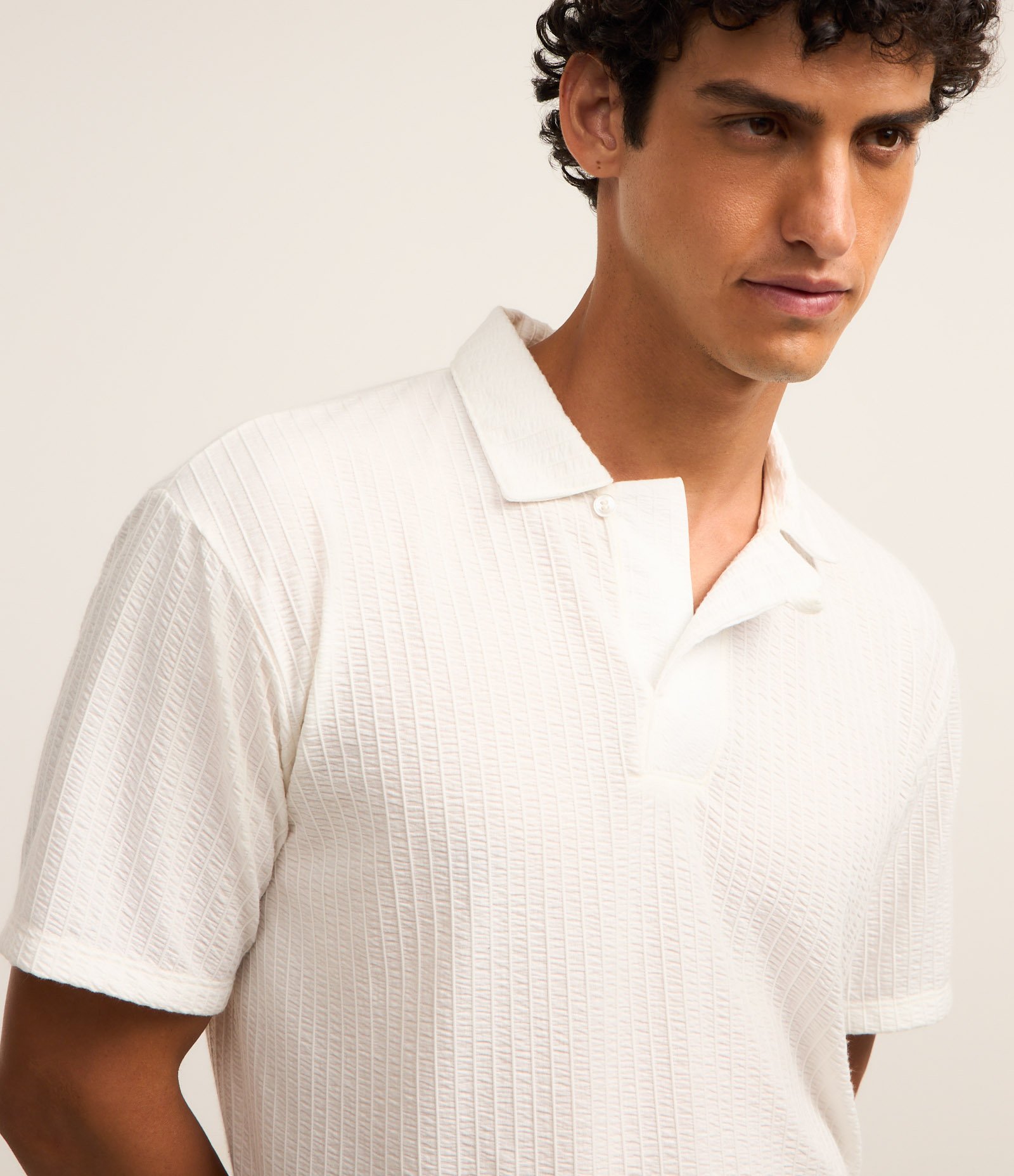Camisa Polo Regular com Vista Oculta e Textura Branco 3