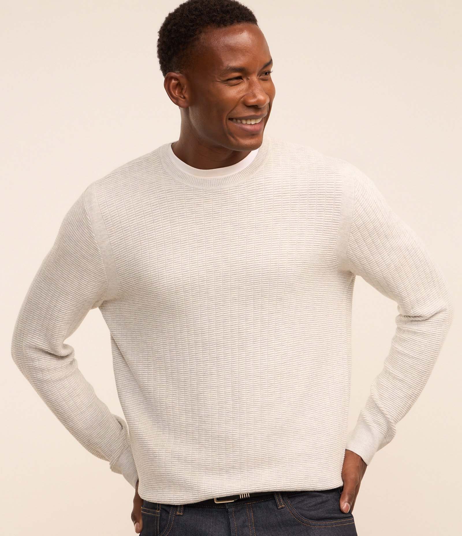 Suéter em Malha com Textura Xadrez Grid Cinza Claro 1