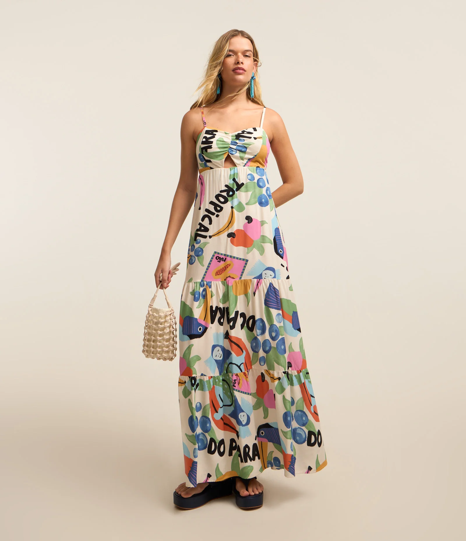 Vestido Long Midi com Alça Fina e Estampa Tropical Multicores 1