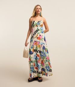 Vestido Long Midi com Alça Fina e Estampa Tropical