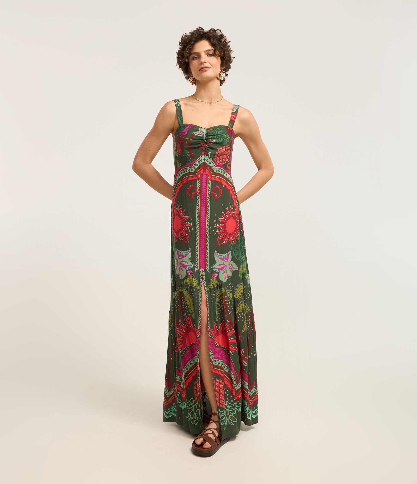 Vestido New Midi em Viscose com Estampa com Fenda Verde 1