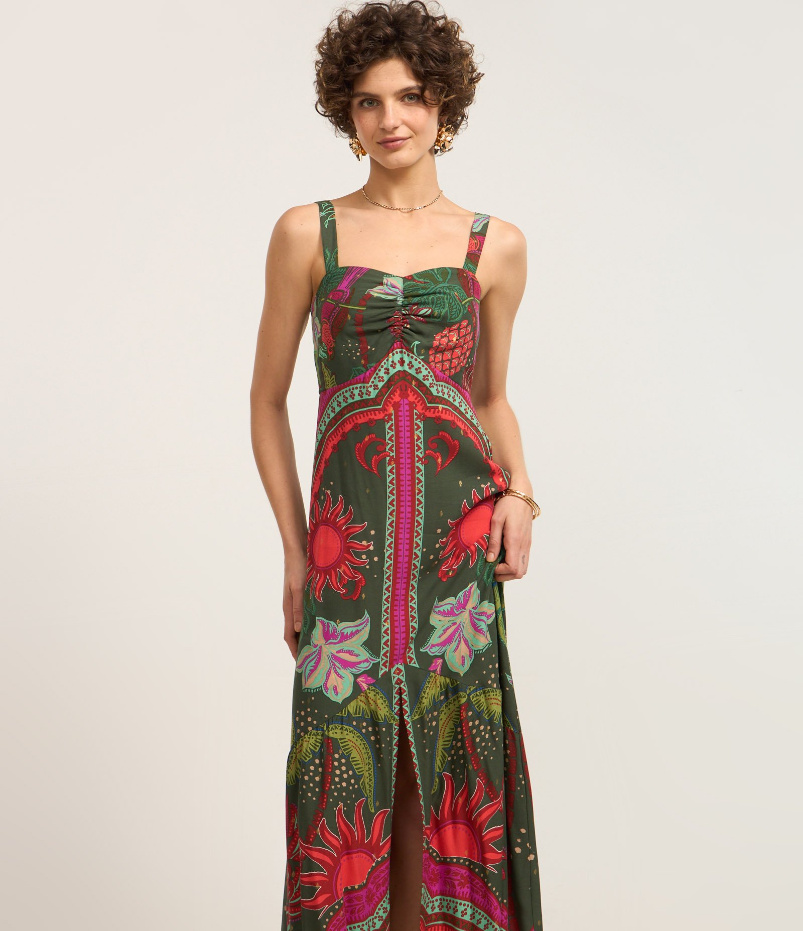 Vestido New Midi em Viscose com Estampa com Fenda Verde 2