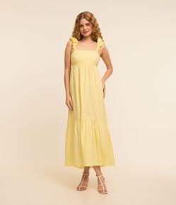Vestido Evasê Midi em Tricoline com Alça Larga Franzida