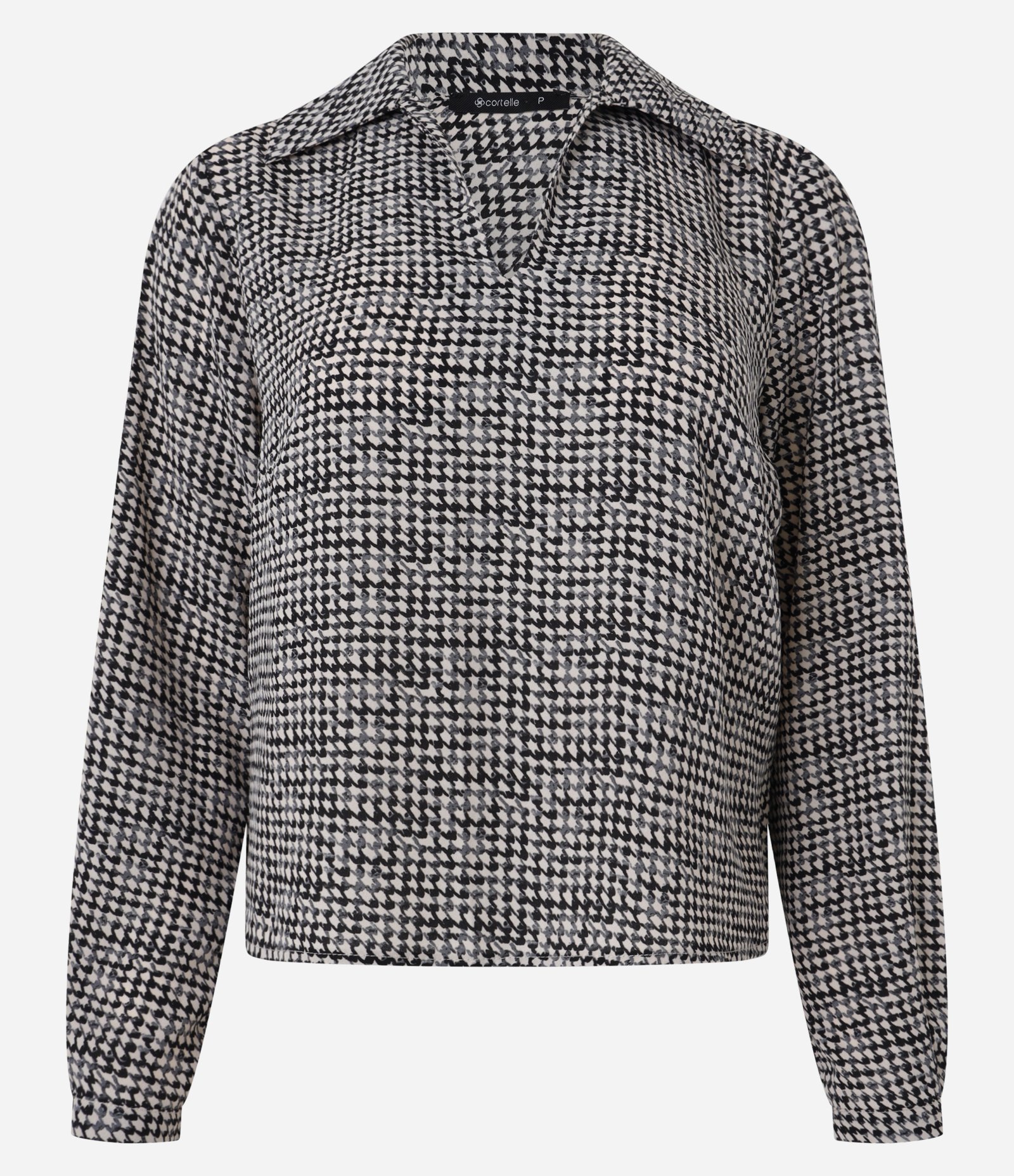 Blusa em Crepe com Estampa Pied-de-Poule e Gola Polo Bege/Preto 6