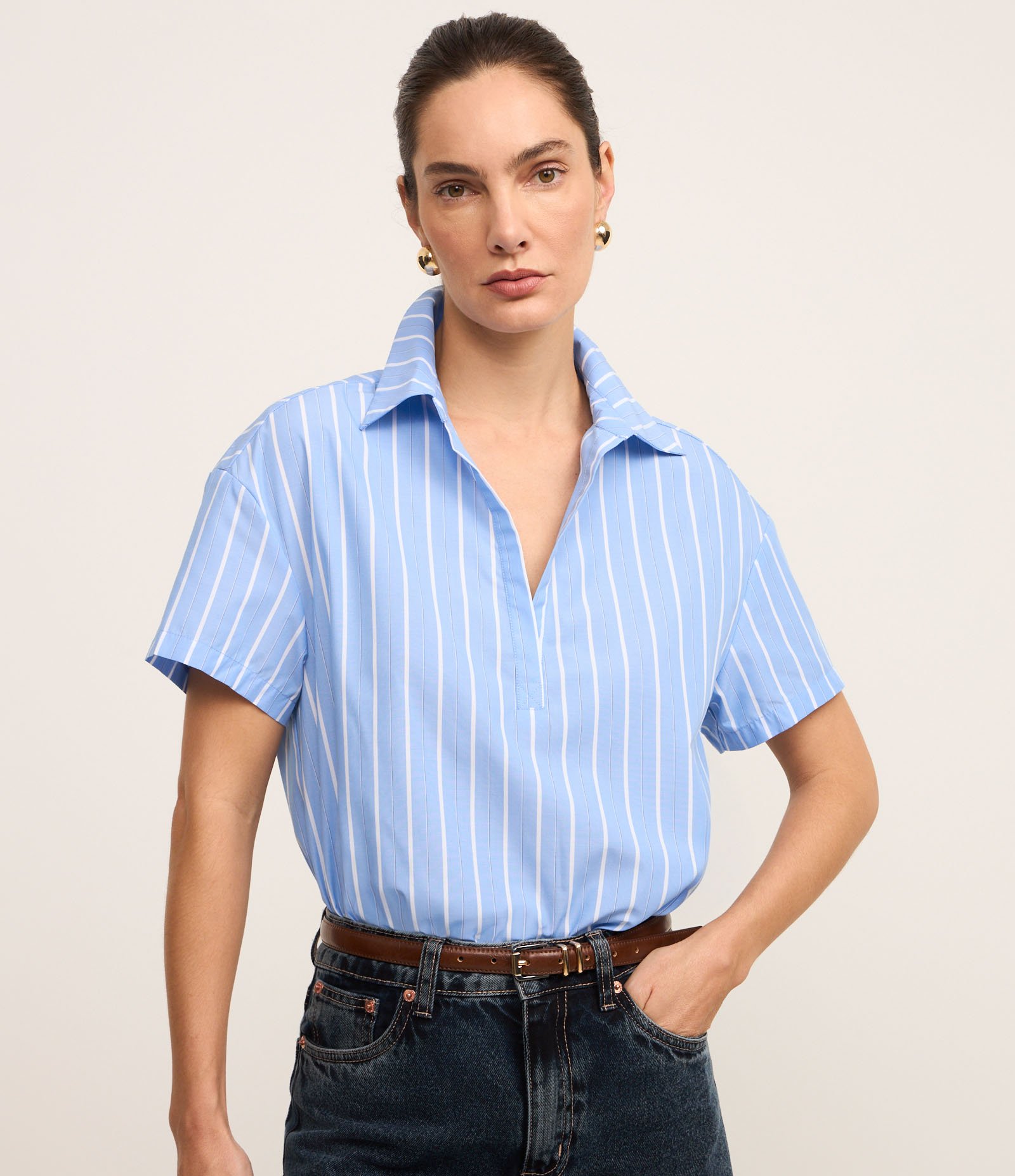 Body Camisa em Tricoline Listrado em Fio Tinto Azul 1