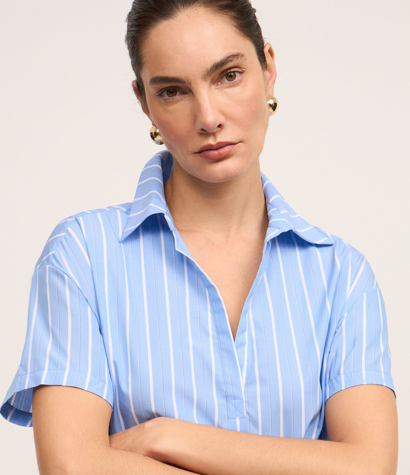 Body Camisa em Tricoline Listrado em Fio Tinto Azul 3