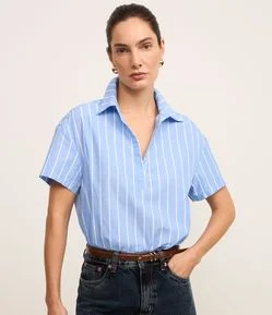 Body Camisa em Tricoline Listrado em Fio Tinto