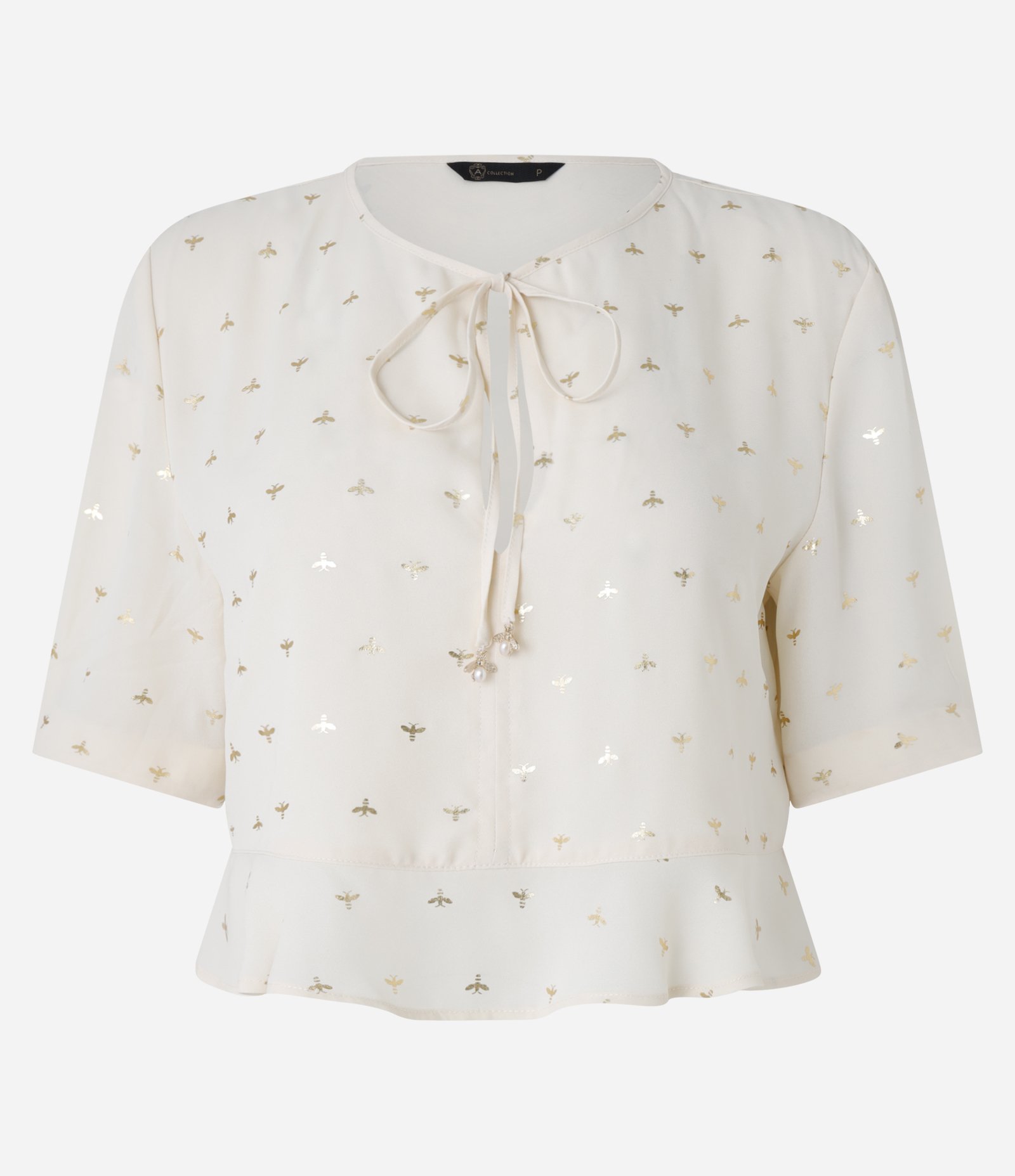 Blusa em Chiffon com Estampa Abelha em Efeito Metalizado Bege 6