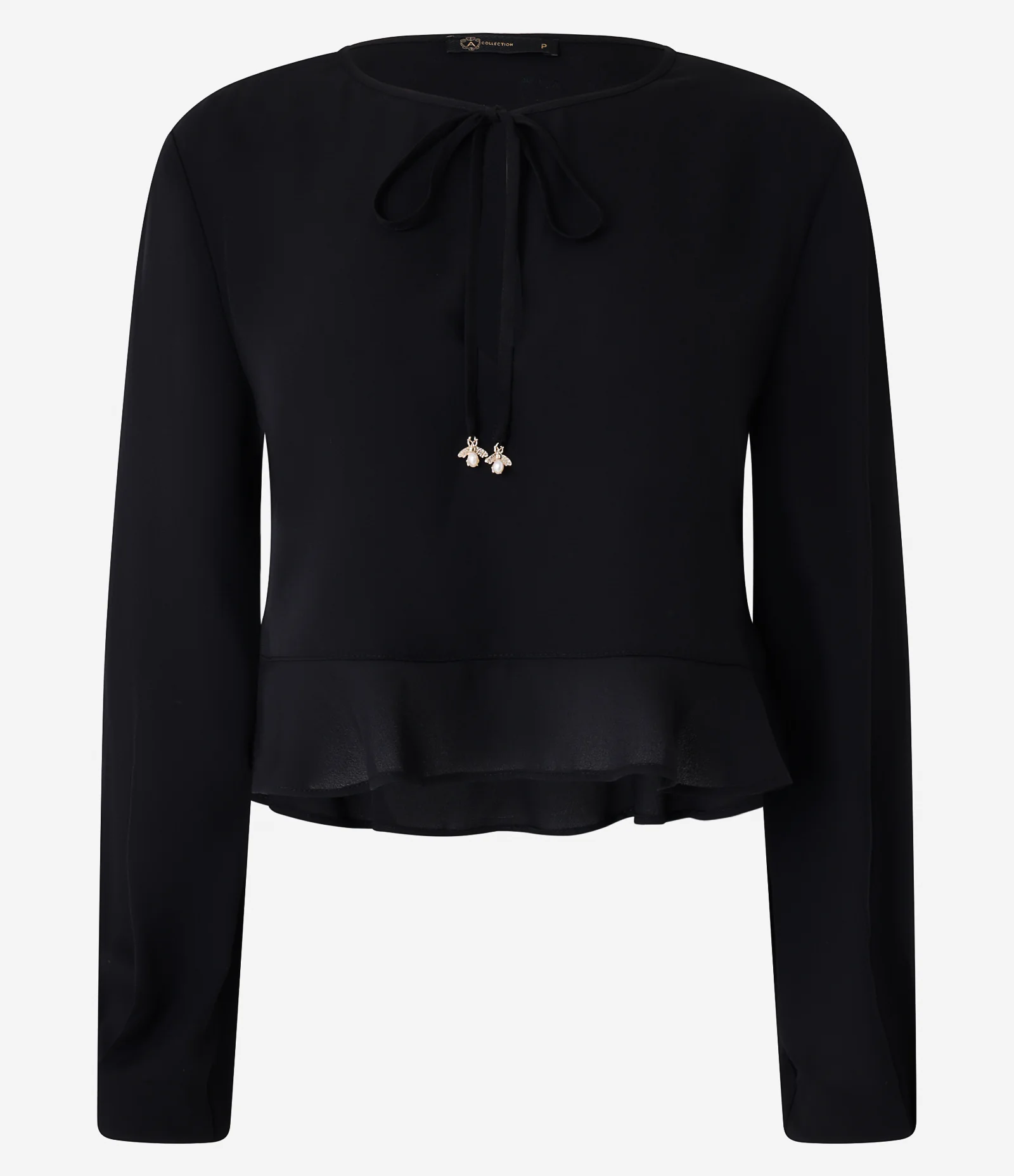 Blusa em Crepe com Amarração no Decote e Babado na Bara Preto 1