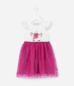 Vestido Infantil em Tule com Estampa Unicórnio - Tam 1 a 5 Anos