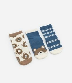 Kit 03 Meias Infantis com Estampa Ursinho - Tam RN a 12 meses