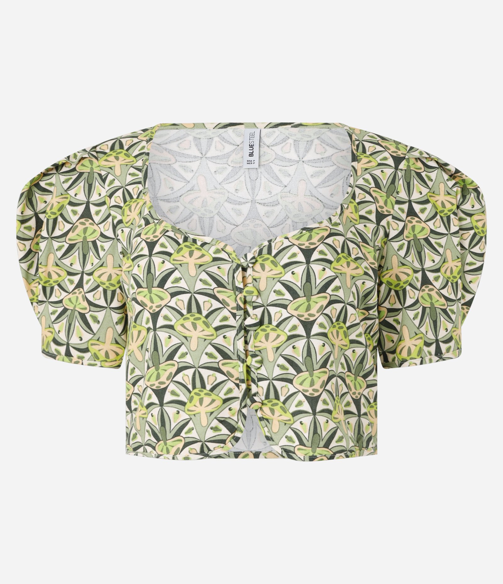 Blusa Cropped em Viscolinho com Estampa Cogumelos Verde 1