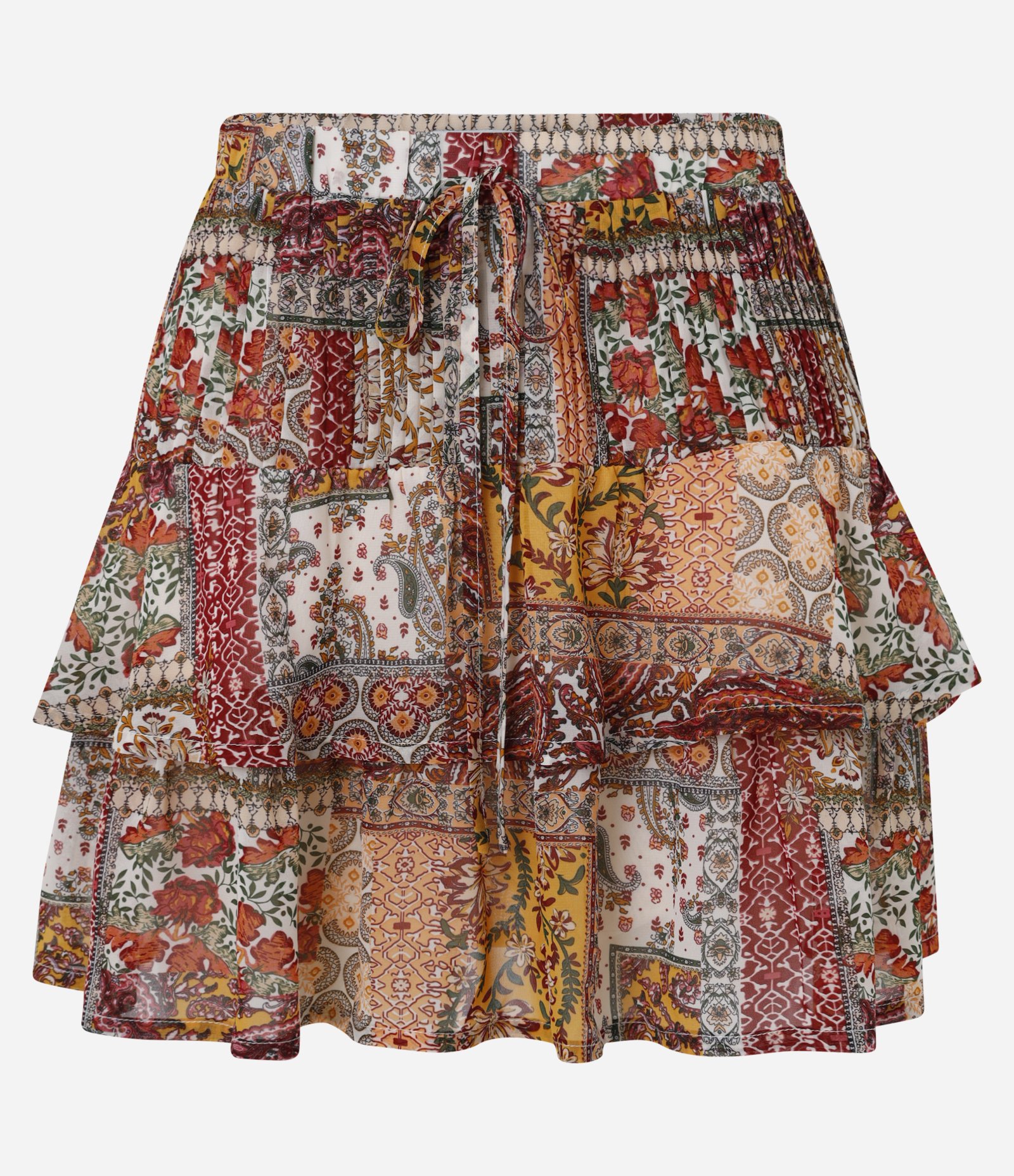 Saia Curta em Chiffon com Babado e Estampa Mix de Patch Vermelho 6