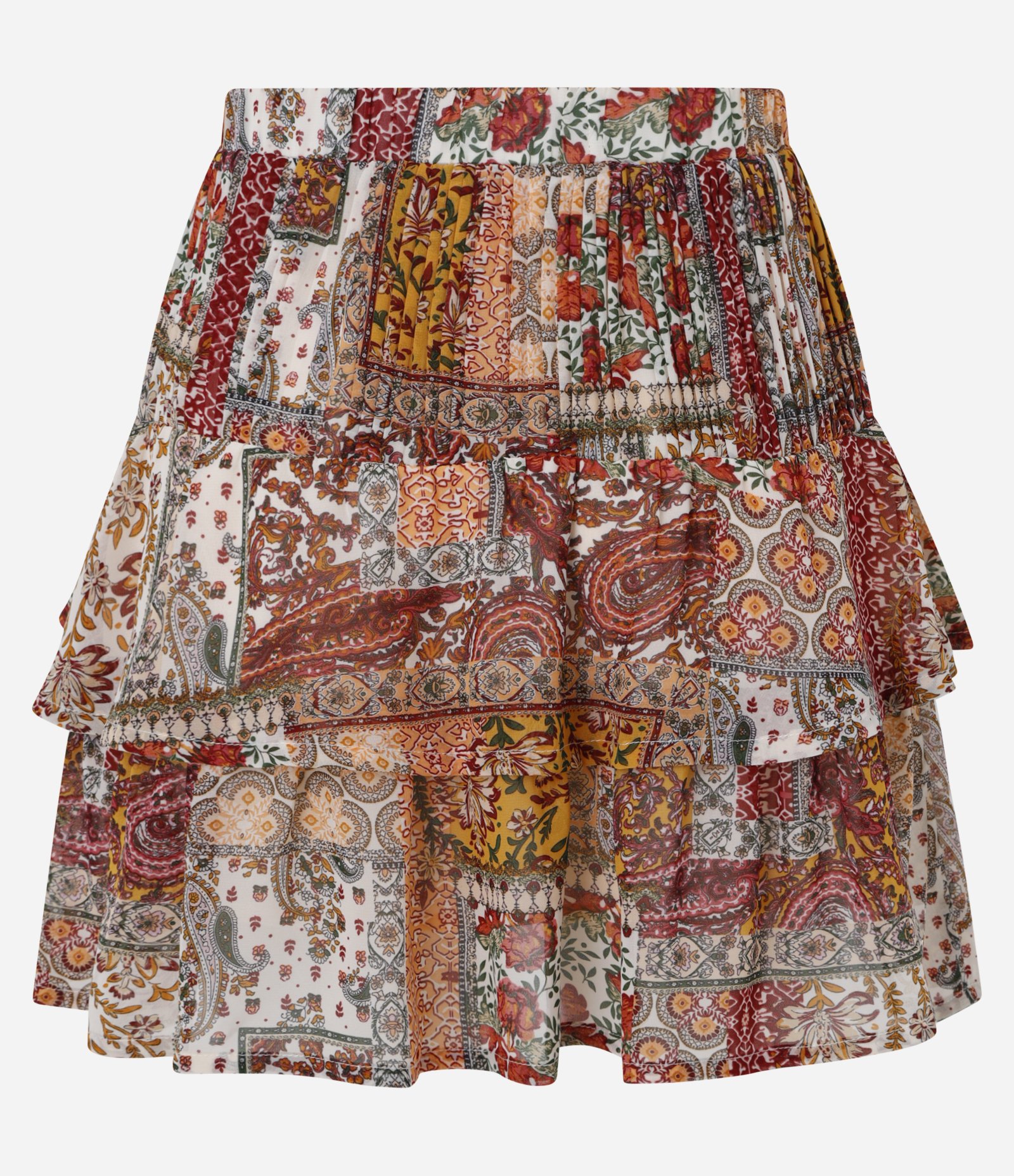 Saia Curta em Chiffon com Babado e Estampa Mix de Patch Vermelho 8