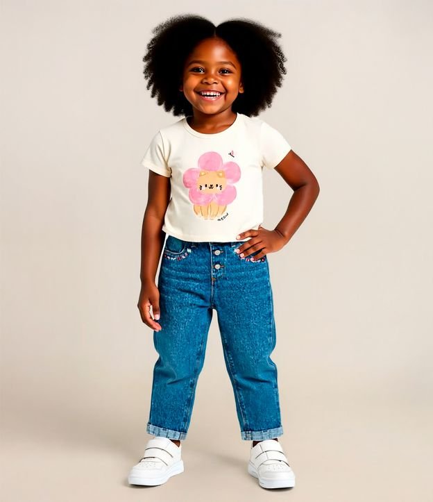 Blusa Infantil com Estampa Gatinho e Flor - Tam 1 a 5 Anos