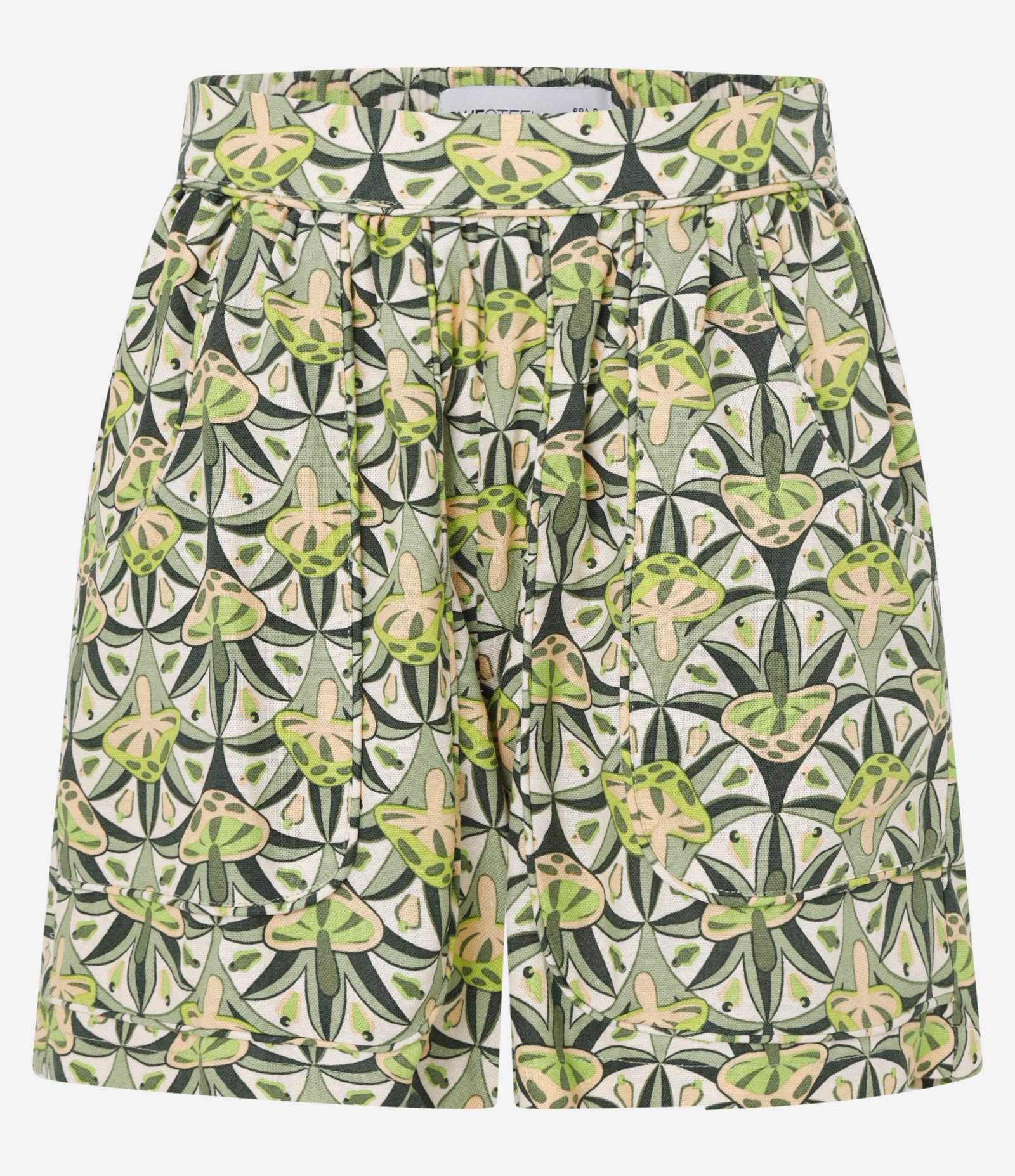 Short Curto em Viscolinho com Estampa Cogumelos Verde 6
