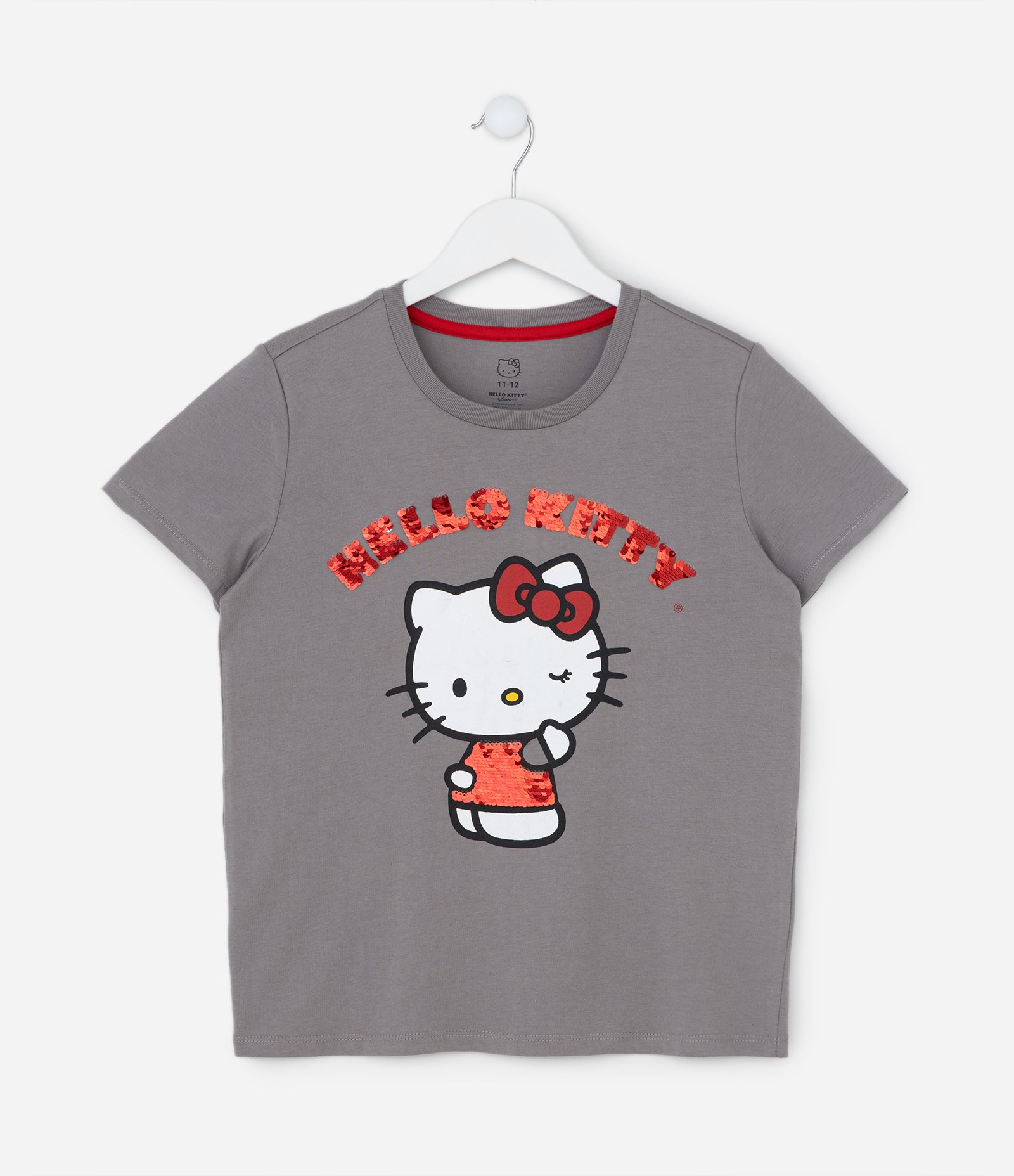 Camiseta Infantil com Bordado Paetê Hello Kitty - Tam 5 a 14 Anos Cinza 1