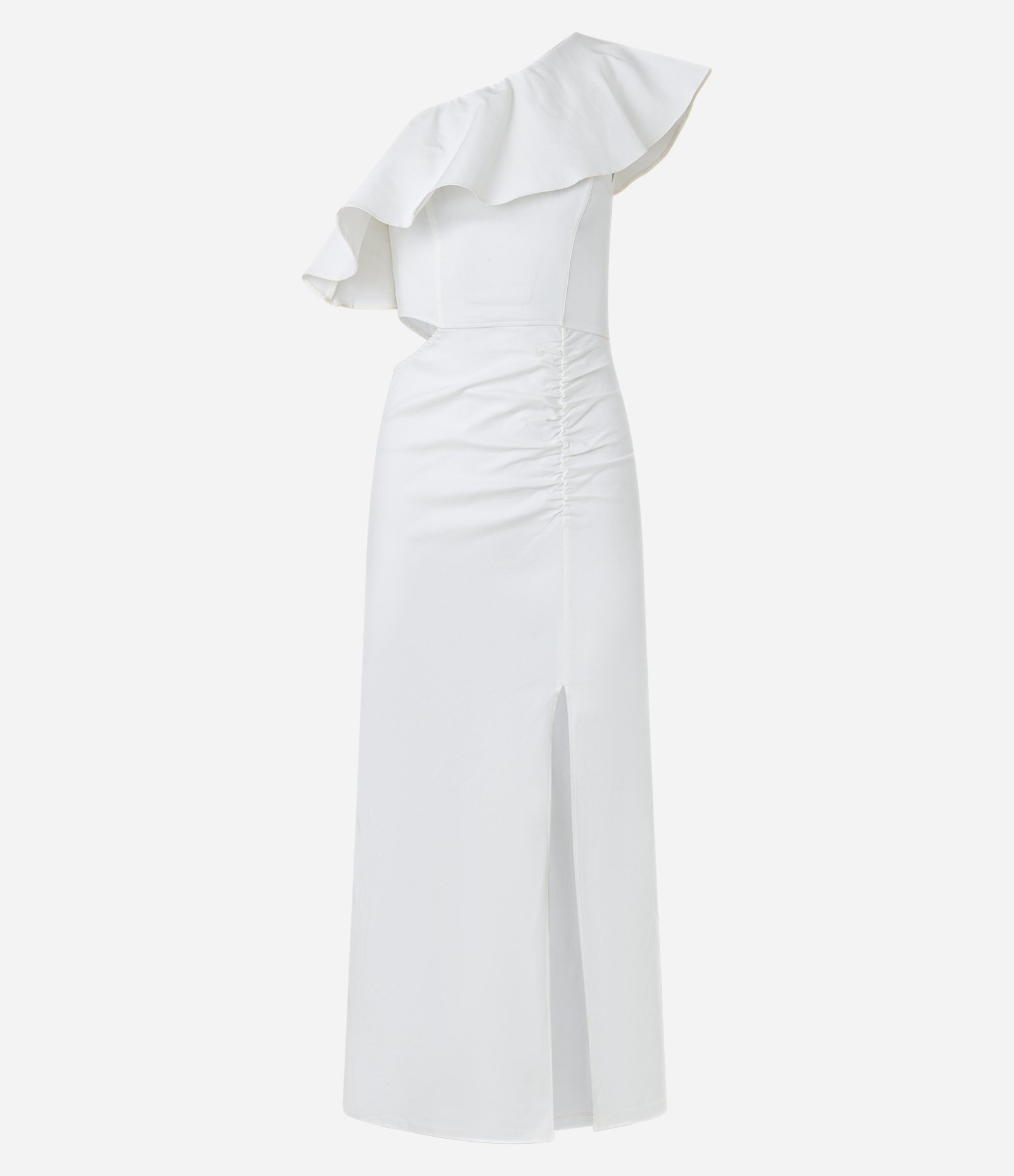 Vestido Midi em Bengaline Ombro Só com Babado Branco Neve 5