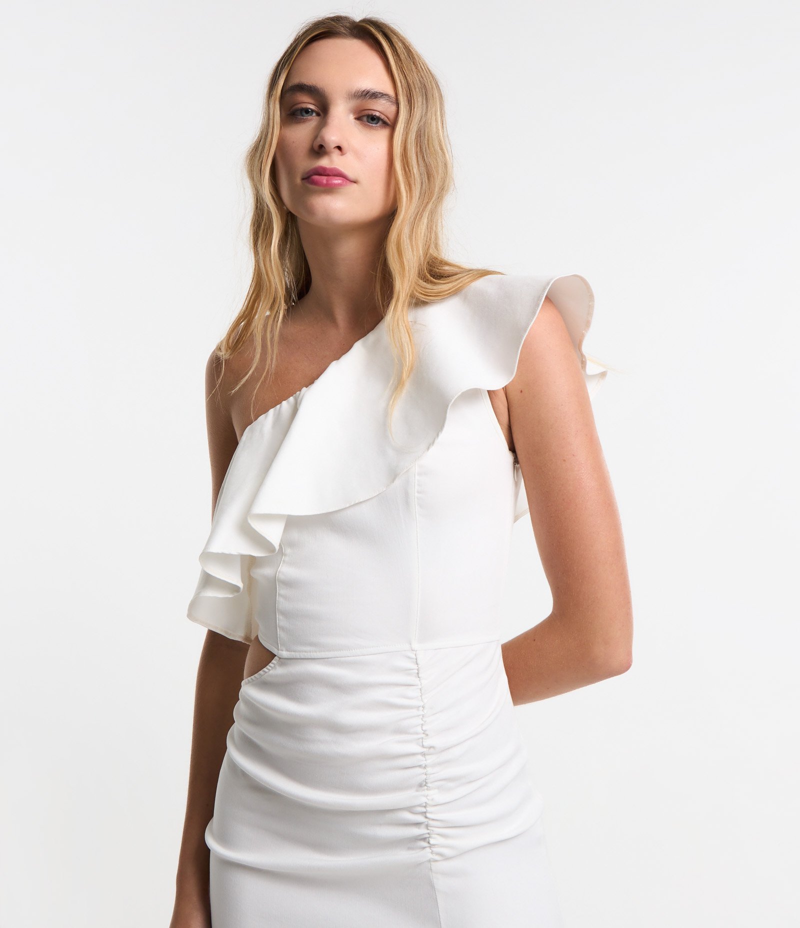 Vestido Midi em Bengaline Ombro Só com Babado Branco Neve 4