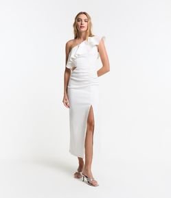 Vestido Midi em Bengaline Ombro Só com Babado